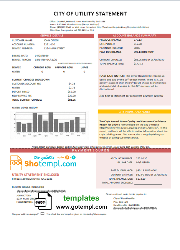 USA City of Utility Statement water utility bill download example in Word and PDF format