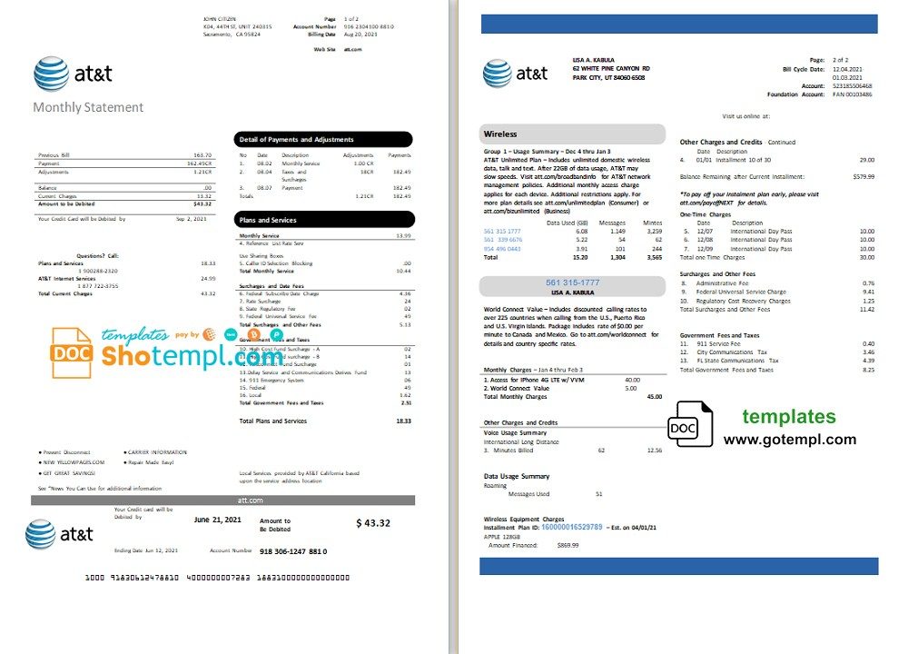 USA Texas AT&T telecommunications utility bill download example in Word and PDF format (2 pages)