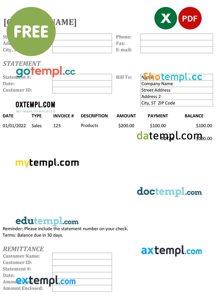 free download bank statement 3 - 6 months example in Excel and PDF formats
