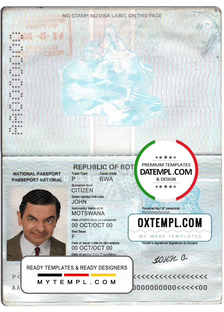 Botswana passport example in PSD format, fully editable