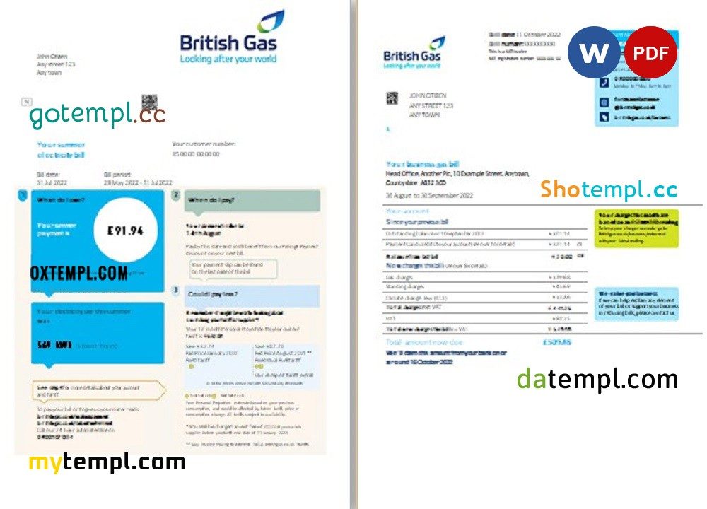United Kingdom British Gas bill, Word and PDF example, 2 pages