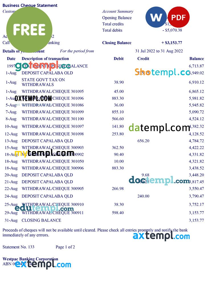 free download business cheque statement Word and PDF example