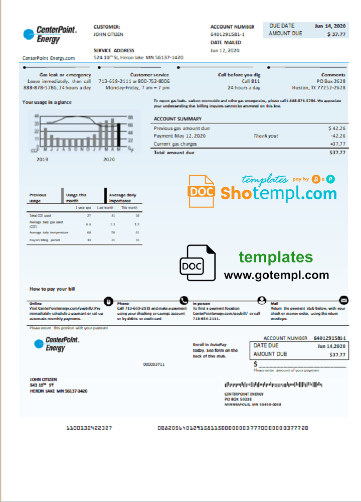 USA Texas Center Point Energy utility bill download example in Word and PDF format