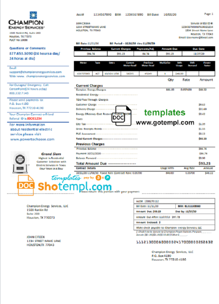 USA Texas Champion Energy Services proof of address utility bill download example in Word and PDF format