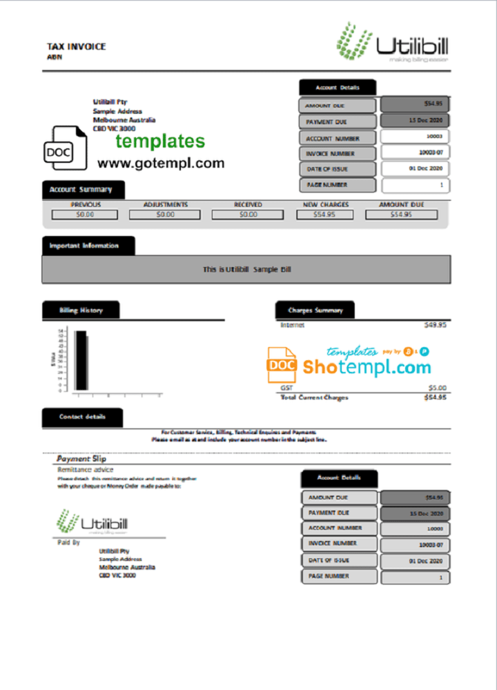 Australia Utilibill easy to fill example in Word and PDF format (.doc and .pdf)