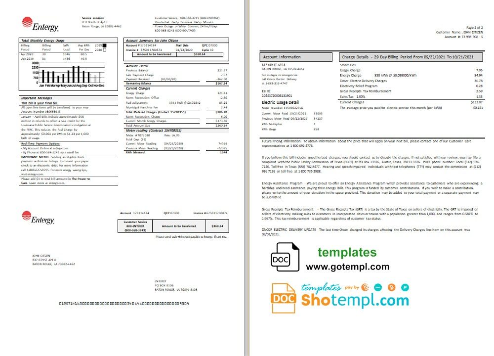 USA Entergy electricity utility bill download example in Word and PDF format (2 pages)