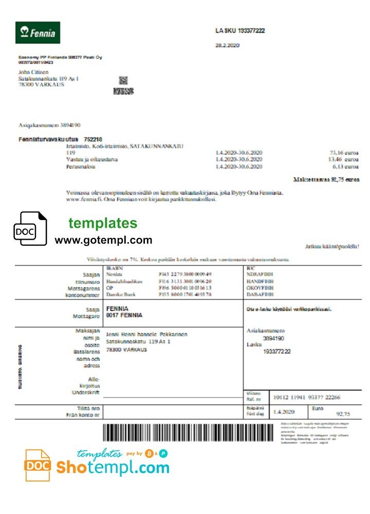 Finnish Fennia Insurance company bill example in Word and PDF format