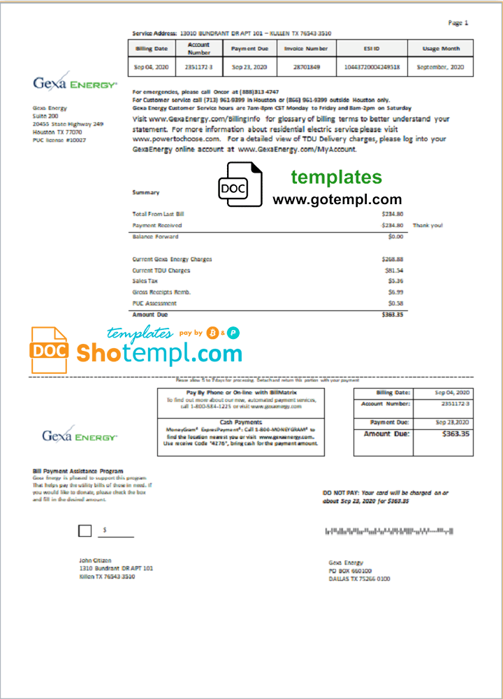 USA Texas Gexa Energy utility bill download example in Word format
