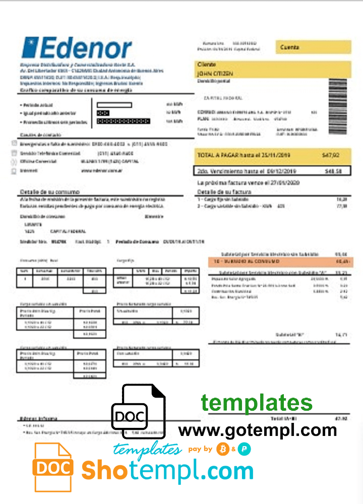 Argentinian Edenor easy to fill utility bill download example in Word (.doc) and PDF (.pdf) format