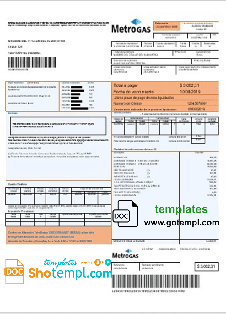 Argentinian Metrogas easy to fill utility bill download example in Word and PDF format