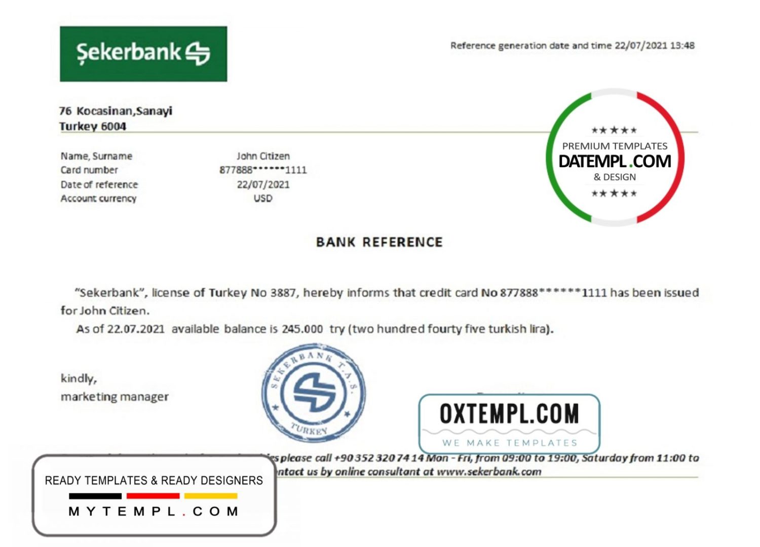 Turkish Sekerbank reference letter example in Word and PDF format