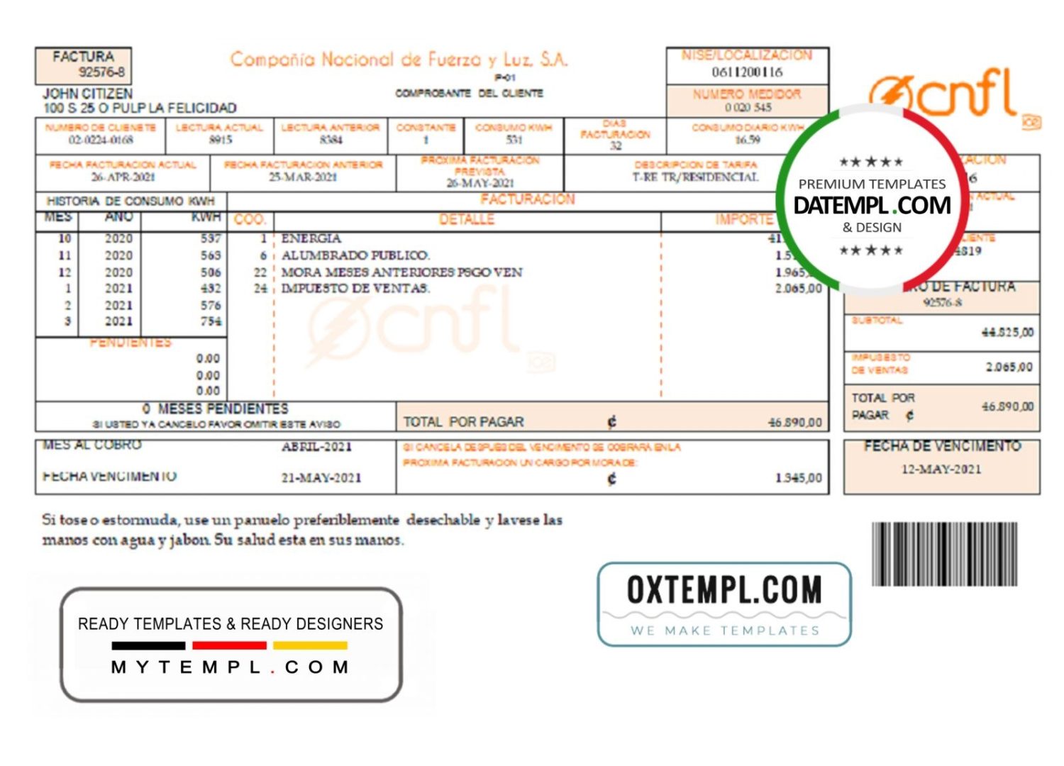 Costa Rican Compañía Nacional de Fuerza y Luz, S.A. (CNFL) utility bill download example in Word and PDF format