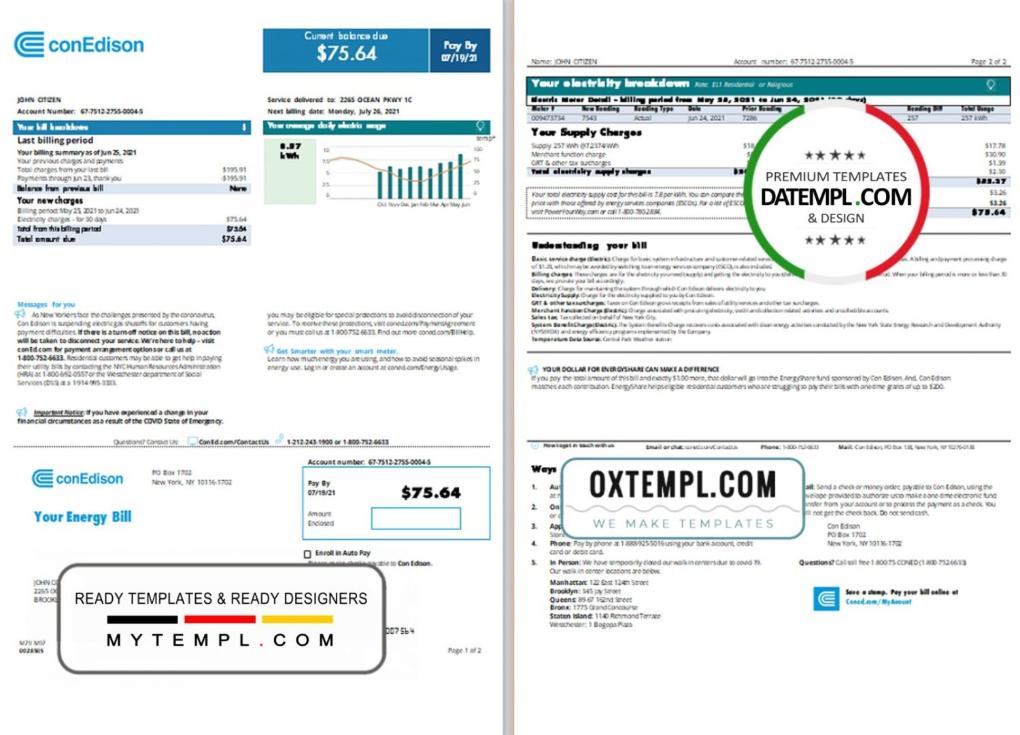 USA Con Edison utility bill download example in Word and PDF format, 2 pages (2021 April - present)