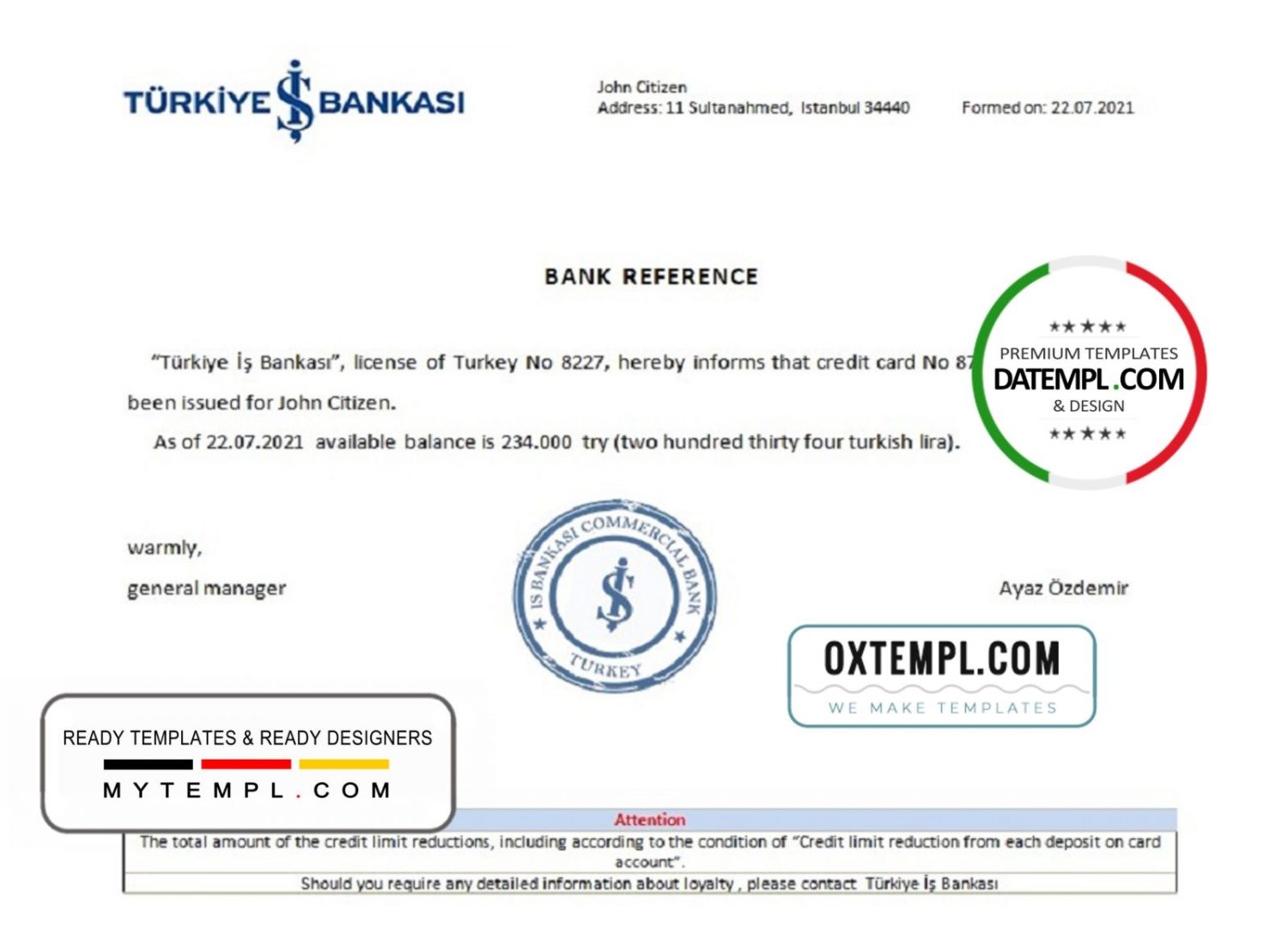 Turkish Is Bankasi bank reference letter example in Word and PDF format