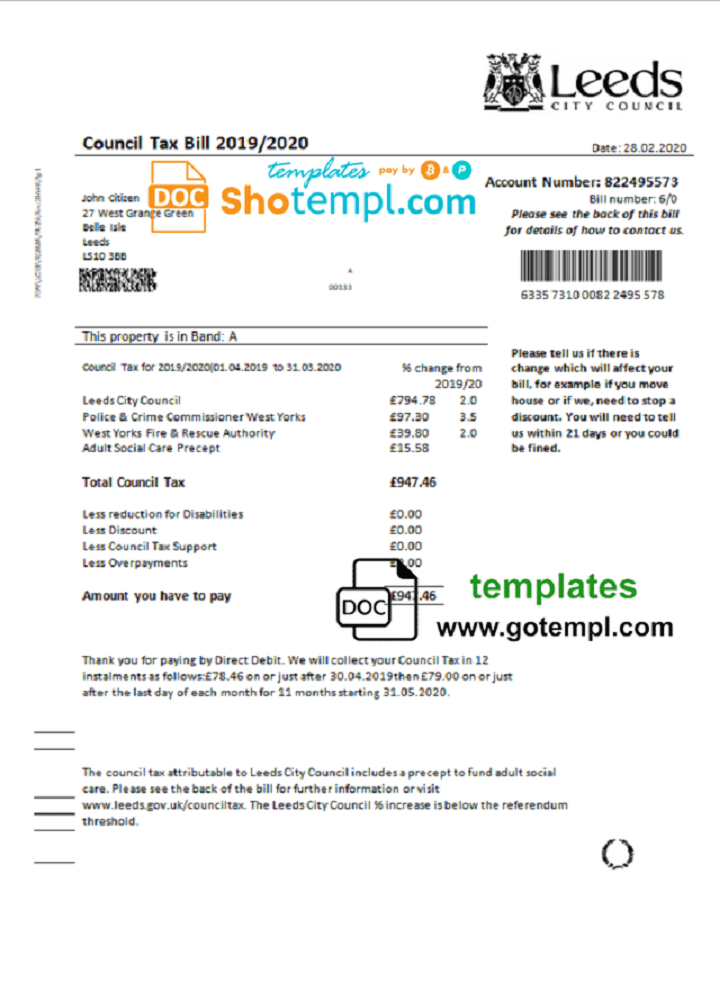 United Kingdom Leeds City Council tax bill example in Word and PDF format