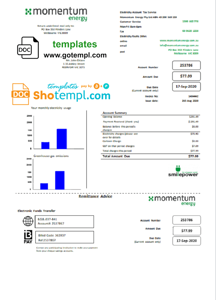 Australia Momentum Energy utility bill download example in Word and PDF format