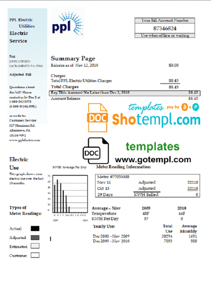 USA Pennsylvania PPL Electric utility bill download example in Word and PDF format
