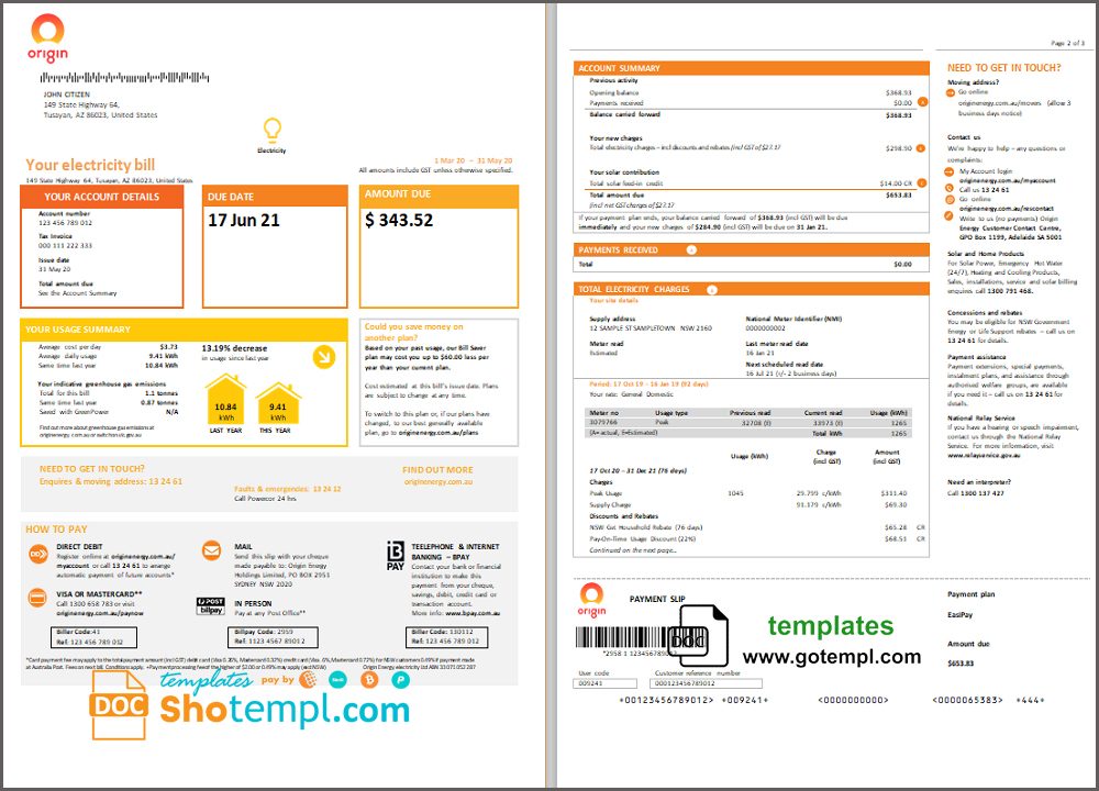 Australia New South Wales (NSW) Origin electricity utility bill download example in Word and PDF format, 3 pages