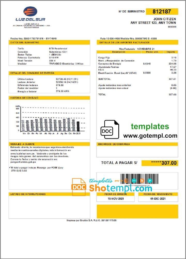 Peruvian Luz de Sur utility bill download example in Word and PDF format, fully editable