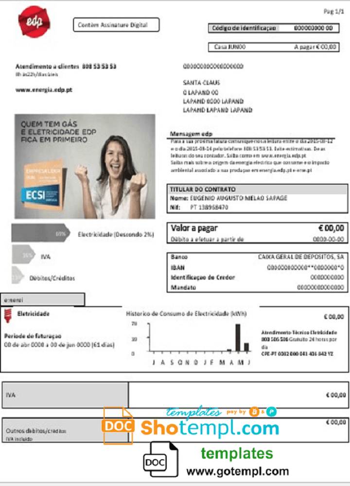 Portuguese EDP electricity utility bill download example in Word and PDF format