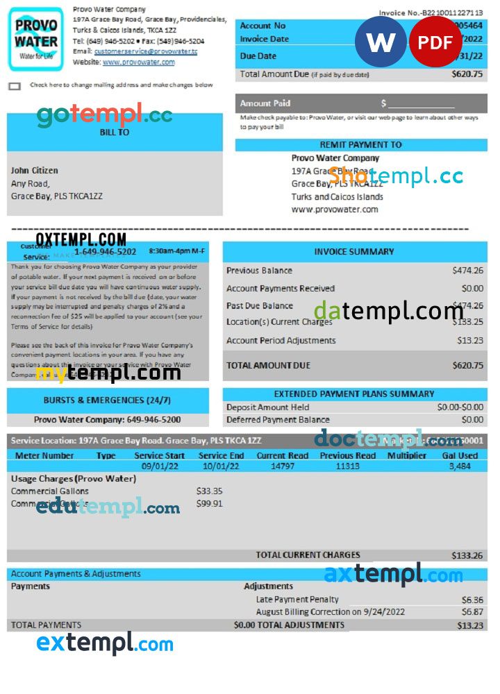 United Kingdom Turks and Caicos Islands Provo Water Company utility bill download Word and PDF example