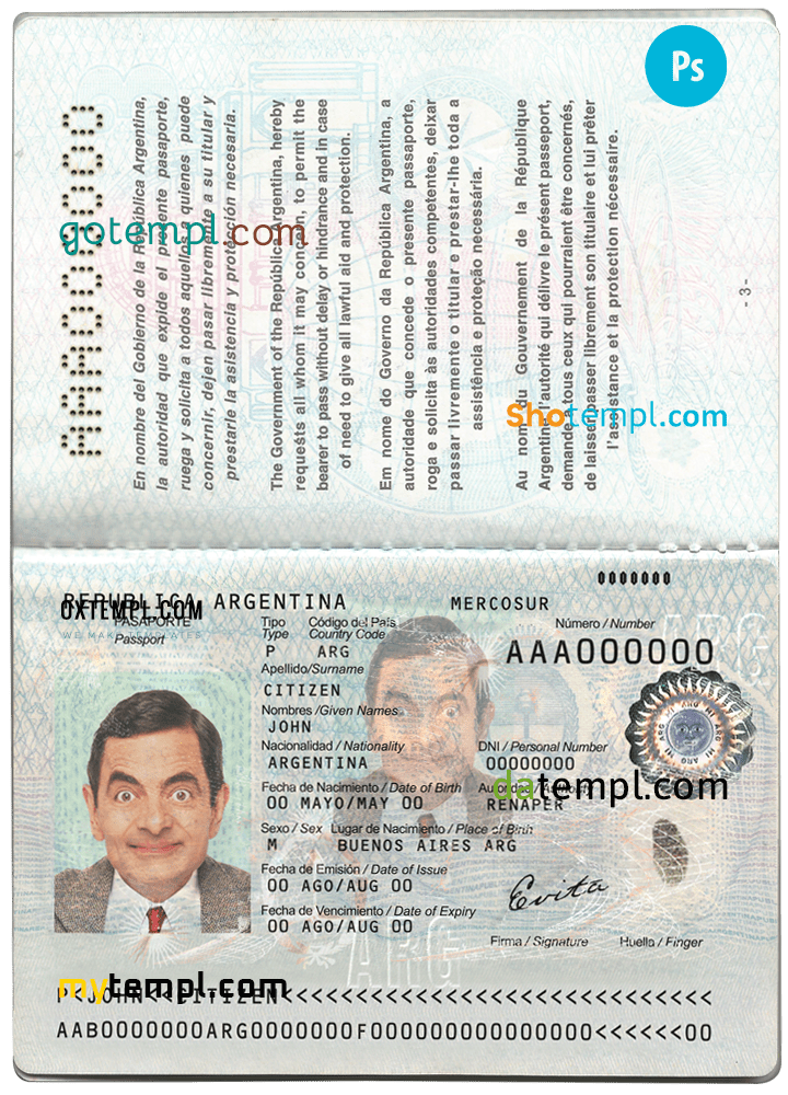 Argentinian passport example in PSD format, fully editable, with all fonts