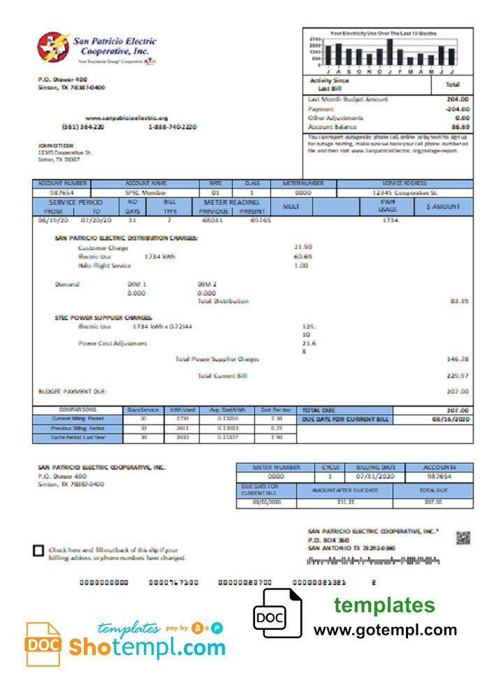 USA Texas San Patricio Electric Corporative utility bill download example in Word and PDF (.doc and .pdf) format
