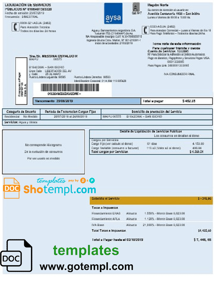 Argentinian water utility bill download example Aysa in Word and PDF format (.doc and .pdf)