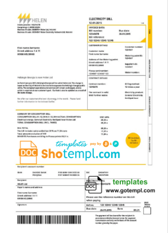 Finnish HELEN utility bill download example in Word and PDF format