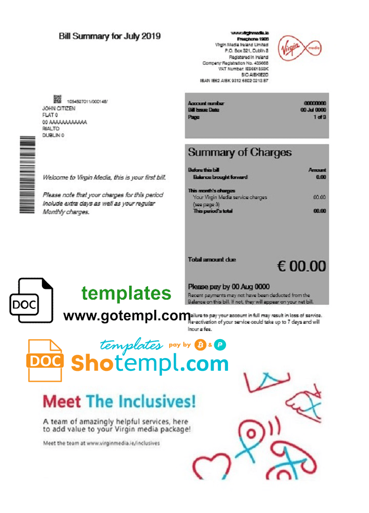 Irish Virgin Media utility bill download example in Word and PDF format, version 2