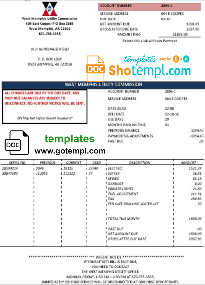 USA Arkansas West Memphis utility bill download example in Word and PDF format