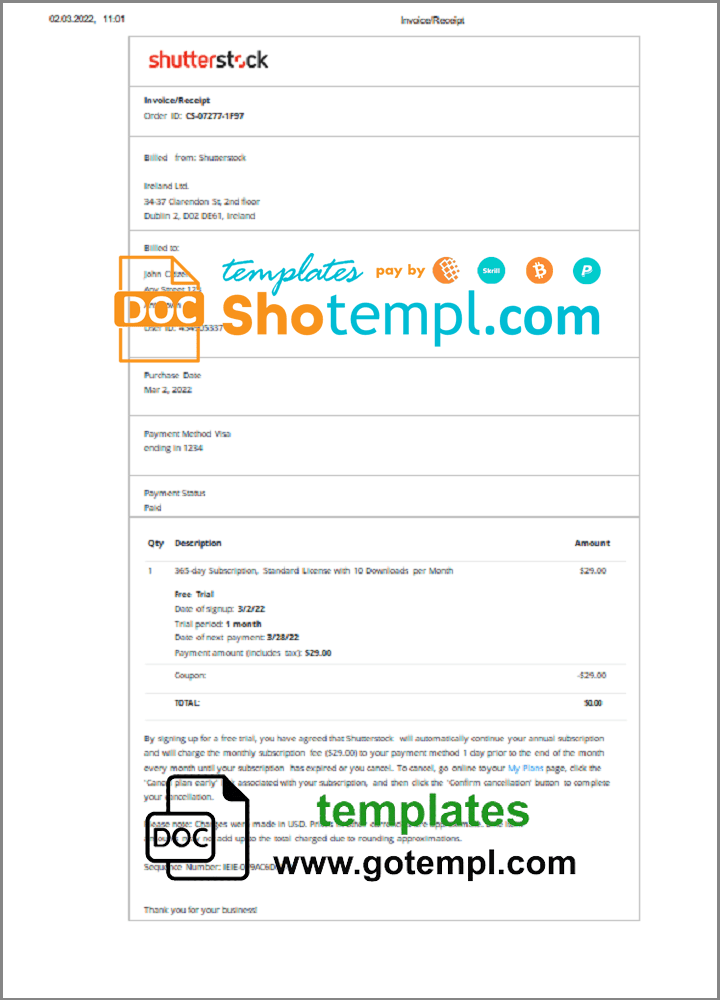 Irish Shutterstock invoice example in Word and PDF format, fully editable