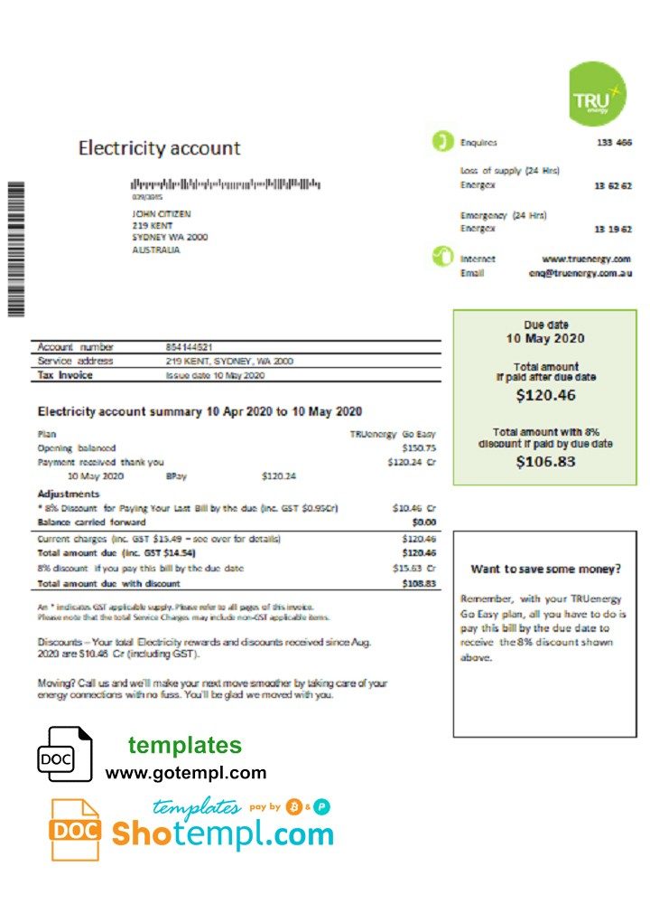 Australia Tru Energy electricity utility bill download example in Word and PDF format
