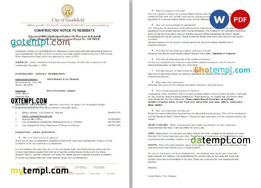 USA Michigan City of Southfield utility water and construction shut off notice, Word and PDF example, 3 pages
