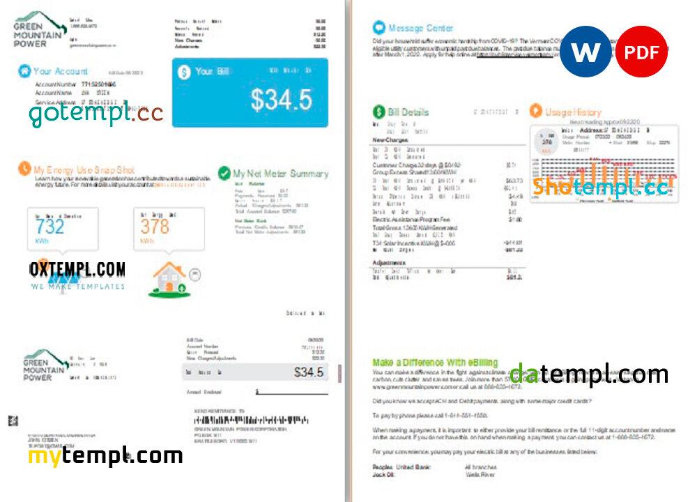 USA Vermont Green Mountain Power utility bill, Word and PDF template, 2 pages