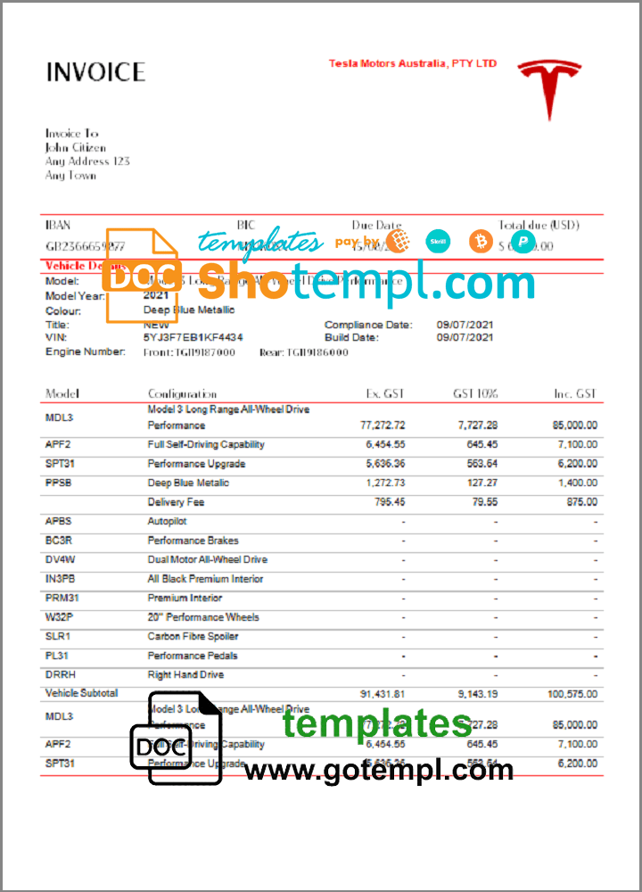 USA Tesla invoice example in Word and PDF format, fully editable