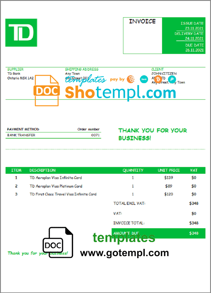 USA TD invoice example in Word and PDF format, fully editable