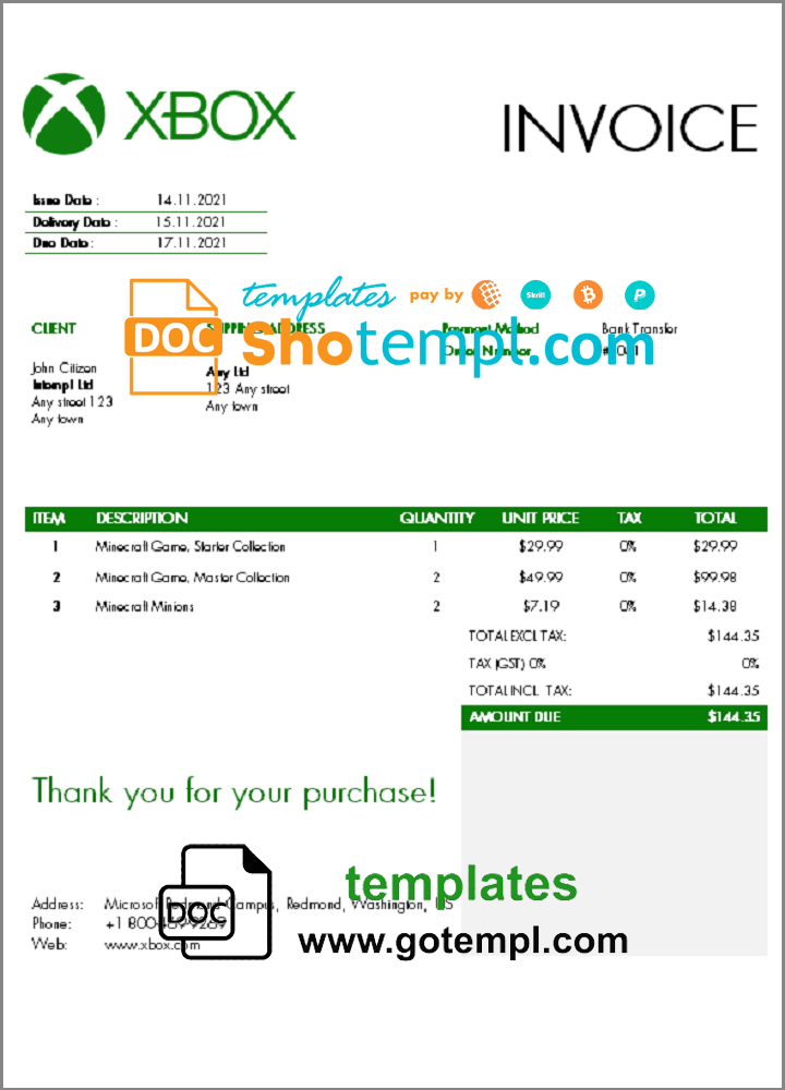 USA Xbox invoice example in Word and PDF format, fully editable