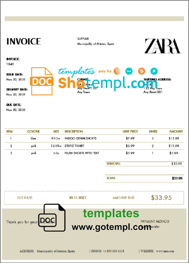 USA ZARA invoice example in Word and PDF (.doc and .pdf) format