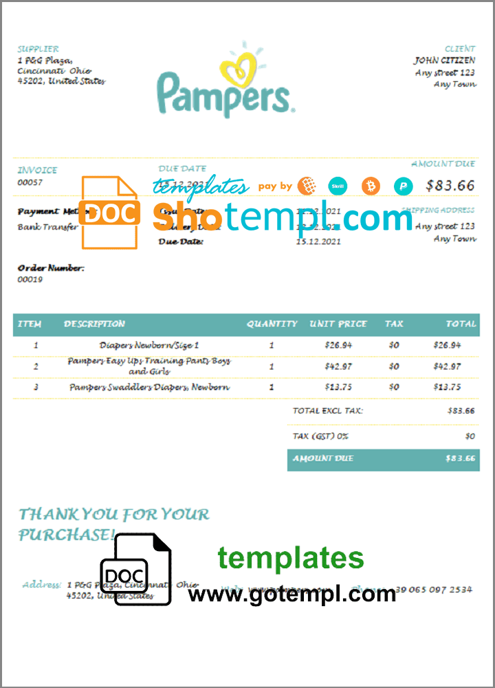 USA Pampers invoice example in Word and PDF format, fully editable