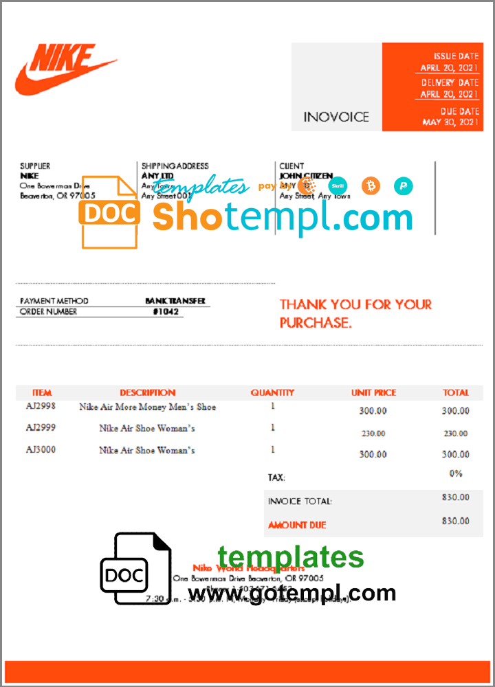 USA Nike invoice example in Word and PDF format, fully editable
