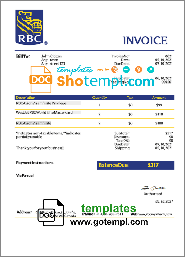 USA RBC invoice example in Word and PDF format, fully editable