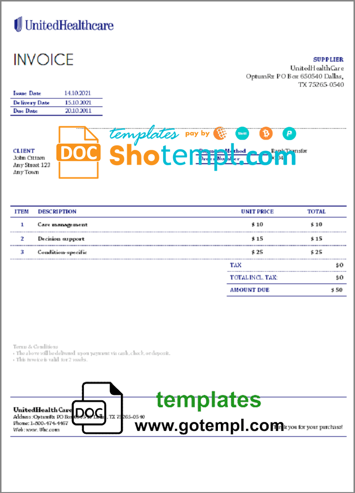 USA United Health Care invoice example in Word and PDF format, fully editable