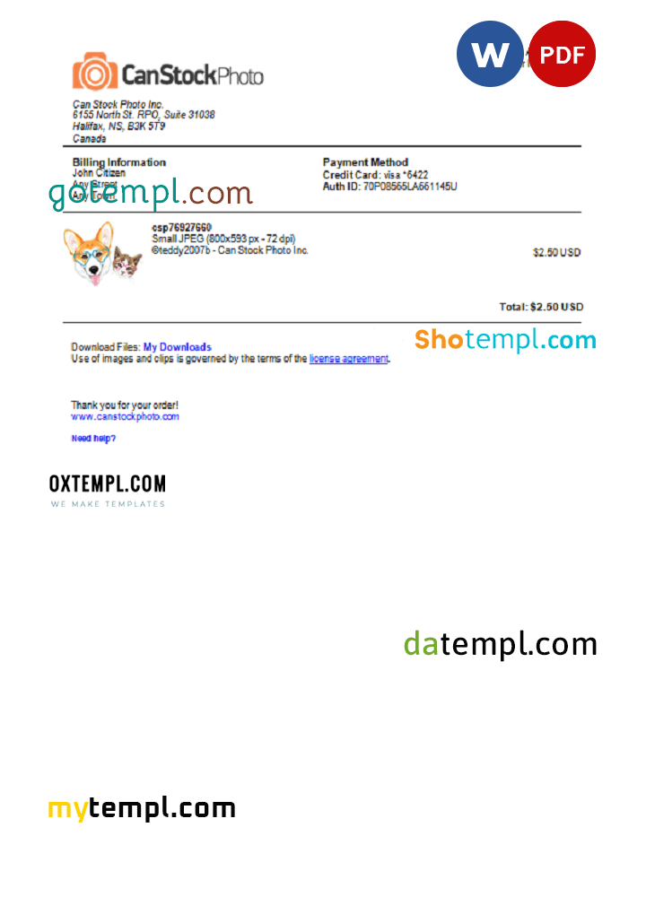 USA Canadian Can Stock Photo invoice example in Word and PDF format, fully editable