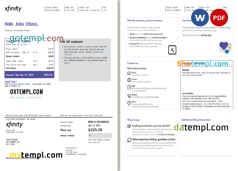 USA Philadelphia Xfinity utility bill download Word and PDF example, 4 pages