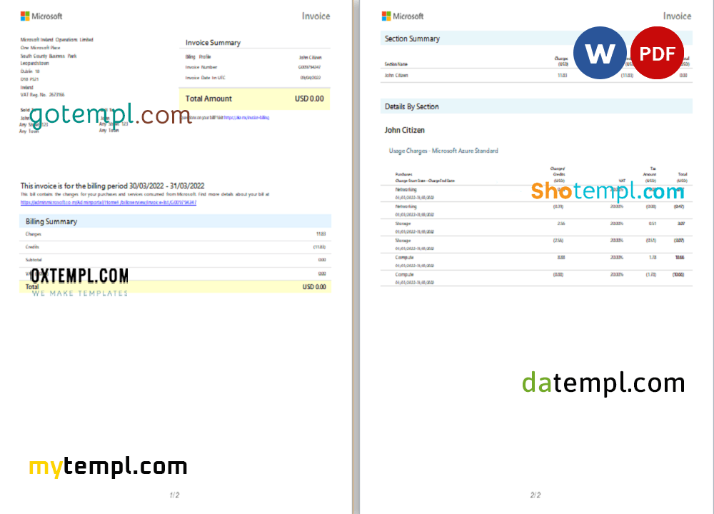 Irish Microsoft Irish Operations Limited invoice Word and PDF example, 2 pages