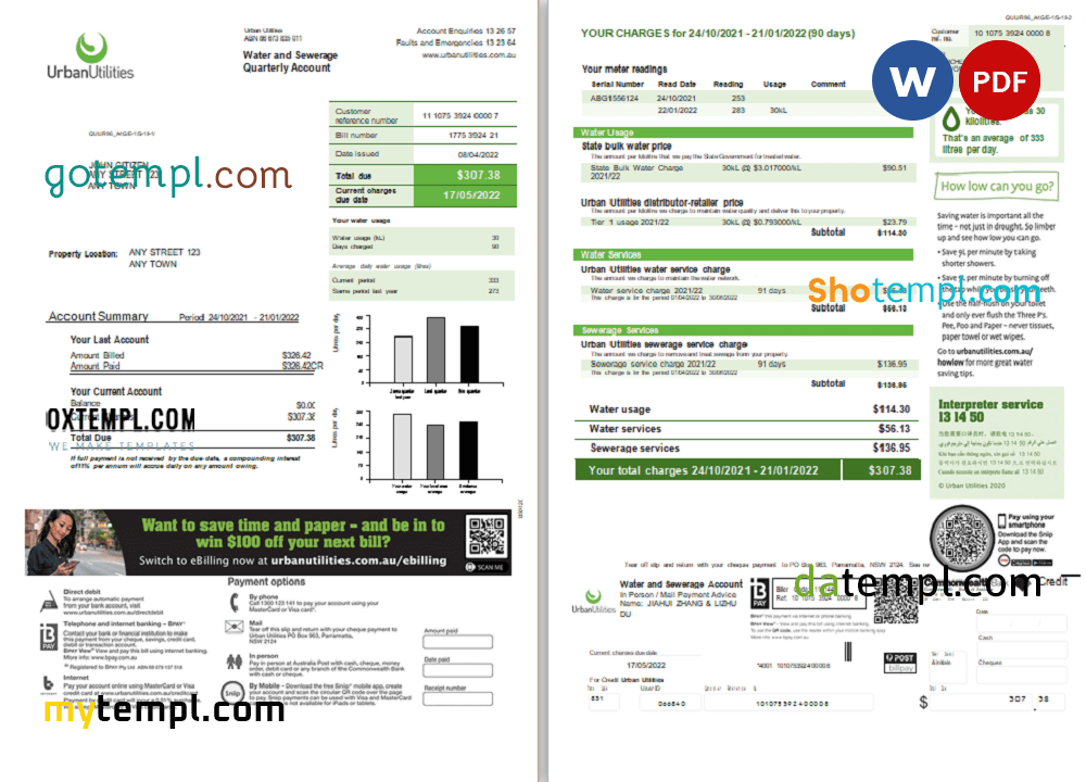 Australia Urban Utilities .doc and .pdf utility bill download example